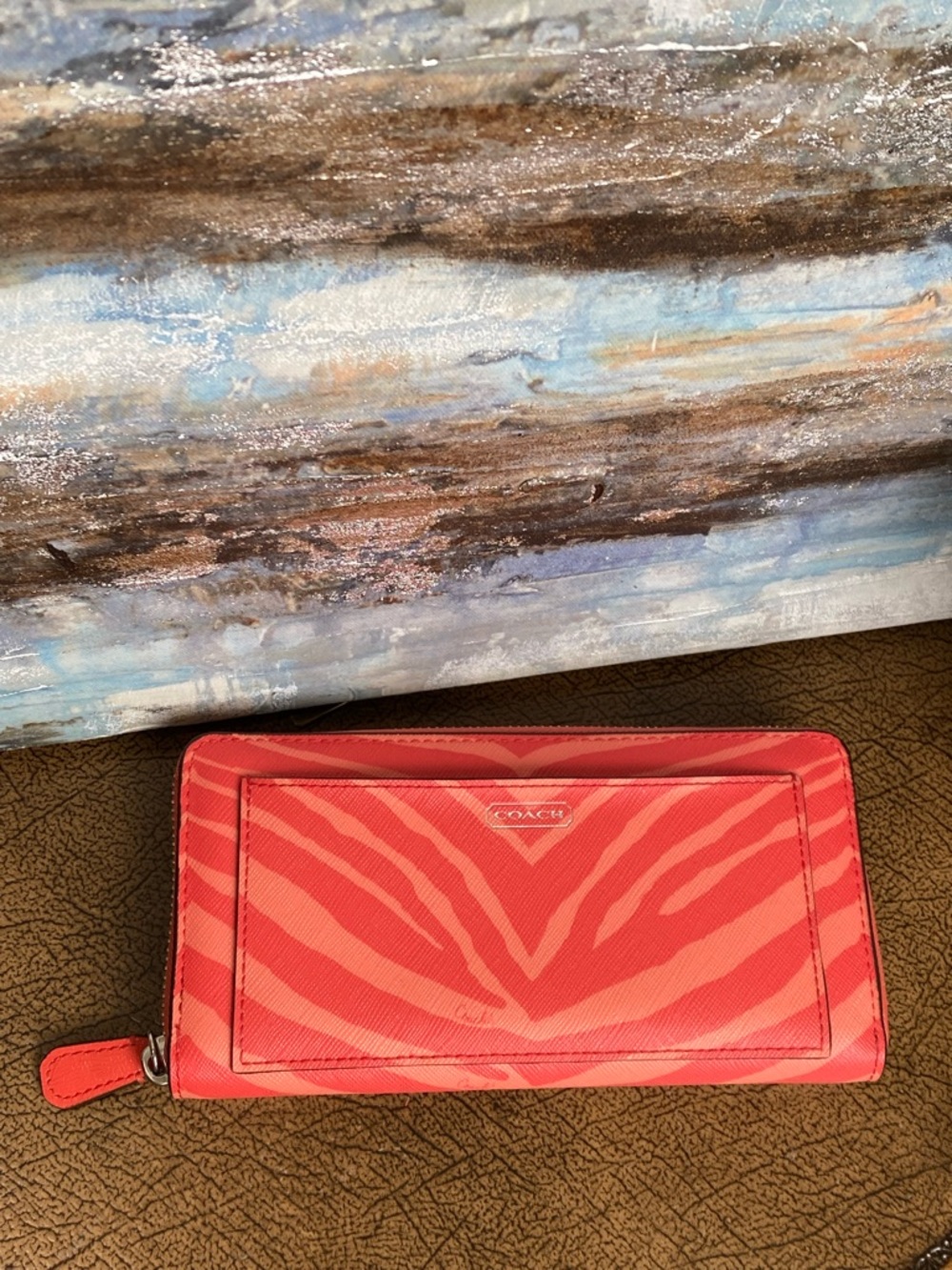 Coach Zebra Striped Coral Pink Full Zip Continental Wallet - Picture 3 of 13